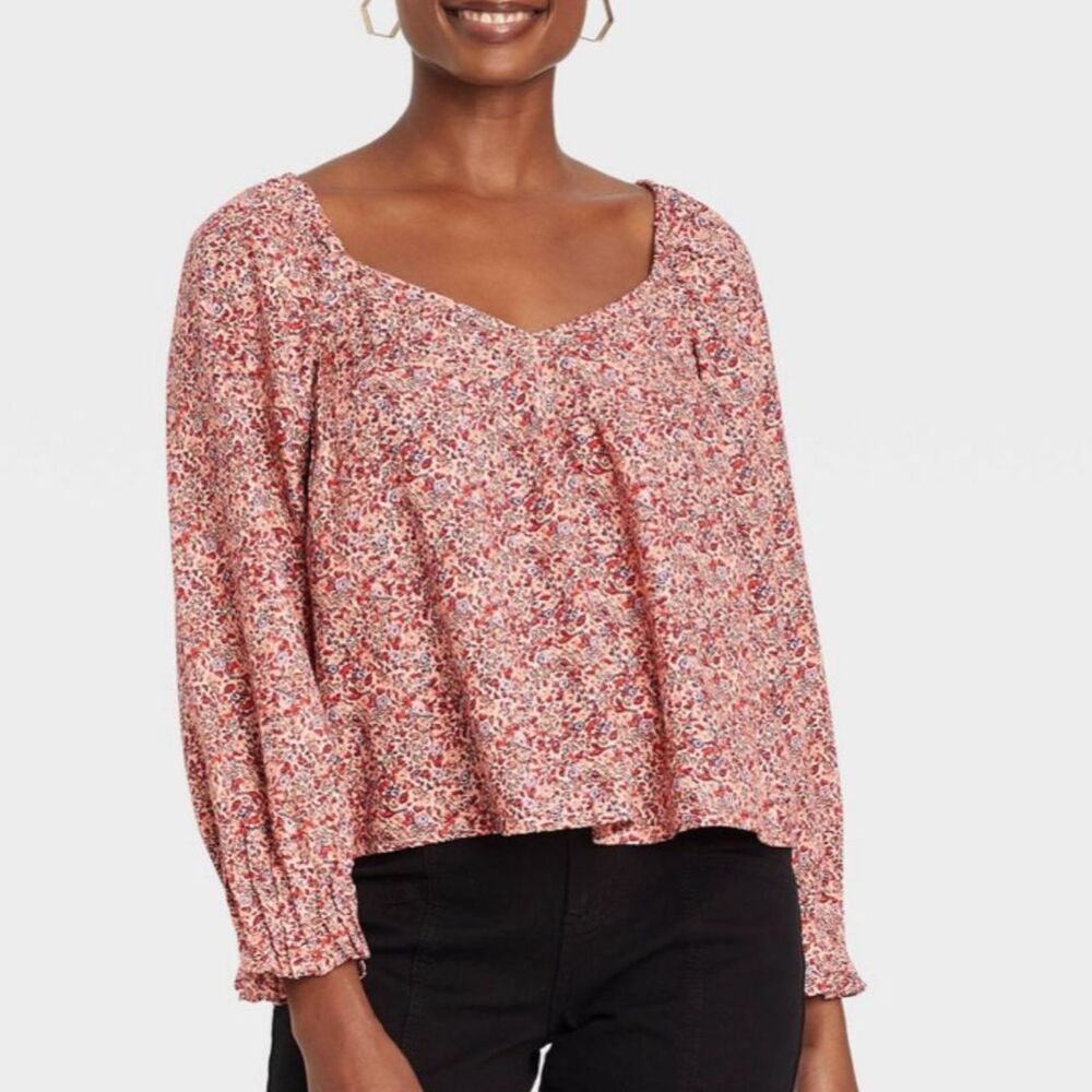 Universal Thread Pink Floral Long Puff Sleeve Pintuck Peasant Blouse Sz M